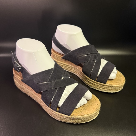 Trask‎ Shoes Womens Size 7M Black Suede Cork Wedge Espadrille Sandals Strappy - Picture 1 of 8
